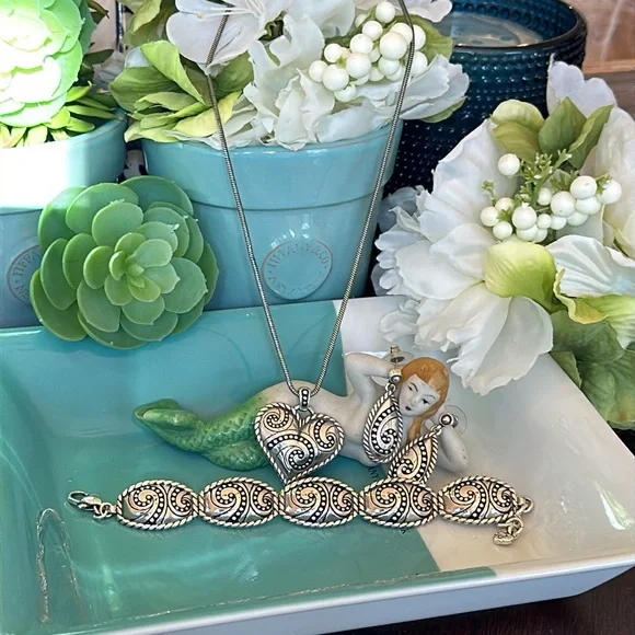 Brighton BIANCA Silver Swirl Scroll Heart Necklace Bracelet Earrings RARE